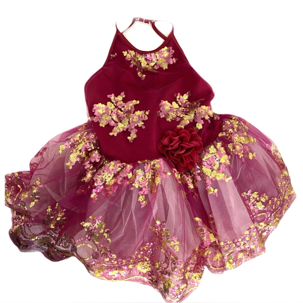 Revolution Dancewear Girls Burgundy Costume with Sequins Size LC 7-8 yrs